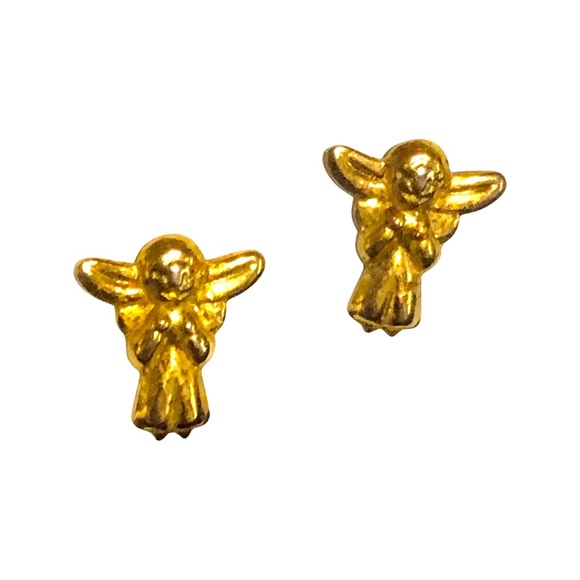 Tiny child angle gold earrings post pierced ears - Picture 1 of 2